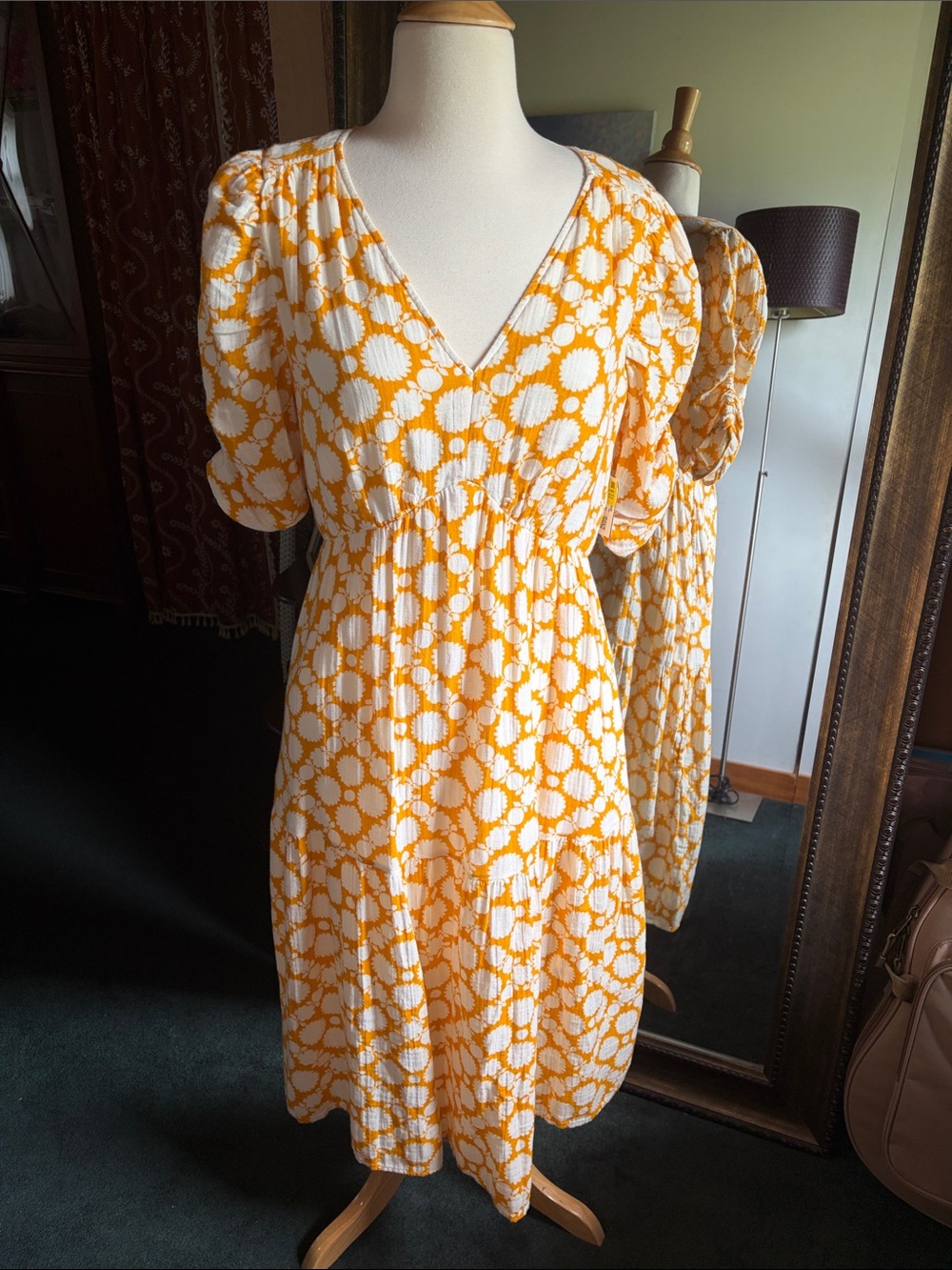Time and Tru yellow floral cotton midi dress with ruched elbow sleeves
